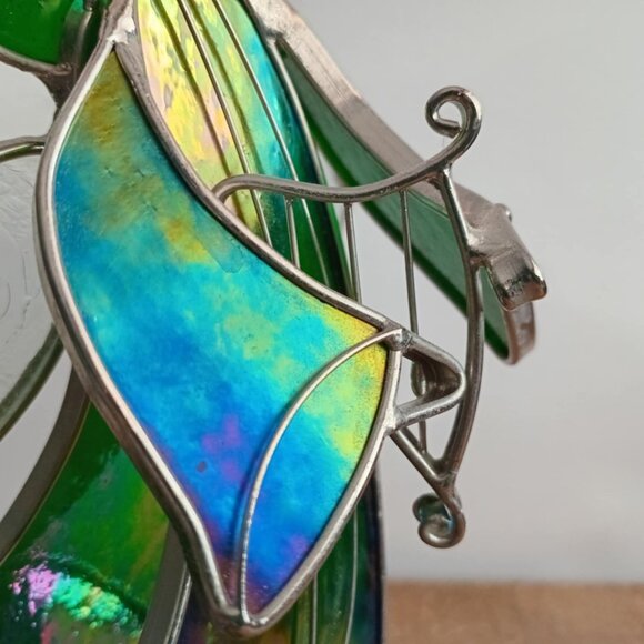 Vintage Stained Glass Green Angel + Harp Figurine, 3D Art, Christmas Nativity De - Picture 4 of 9